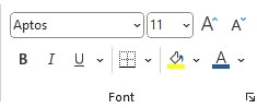 Aptos font in Excel toolbar